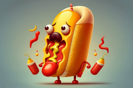 A sad hot dog with a saggy belly cartoon characterの素材