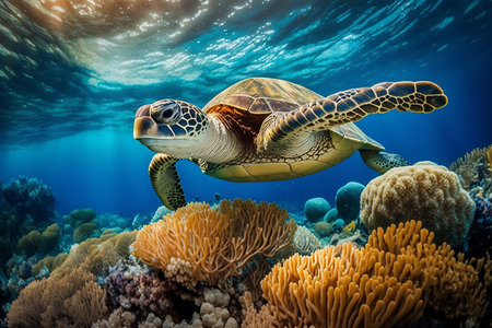 A sea turtle swims over a clean coral reefの素材