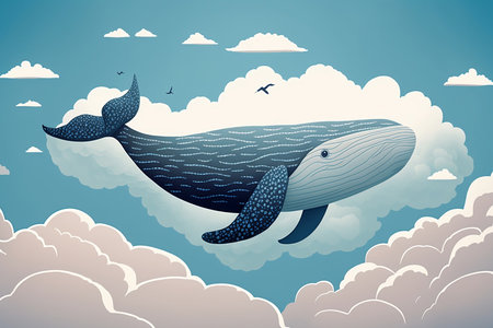 A whale swims across the sky in white cloudsの素材