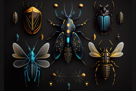 Abstract colorful bugs with details top view on dark backgroundの素材