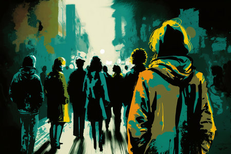 Abstract scenes with people in green and yellow tones in the style of expressionist artの素材