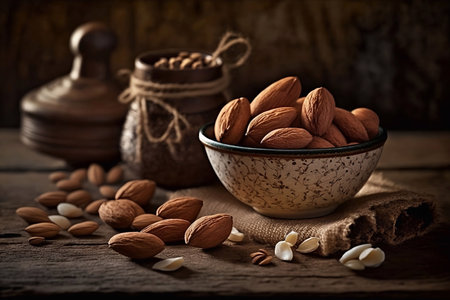 Almonds on a rustic wooden table close-upの素材