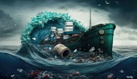An illustration of the massive pollution of the ocean by garbage and human wasteの素材