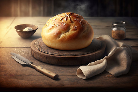 Baked round bun on rustic wooden tableの素材