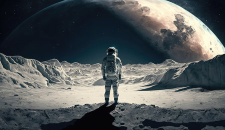 Astronaut on the surface of the moon looking at the globeの素材