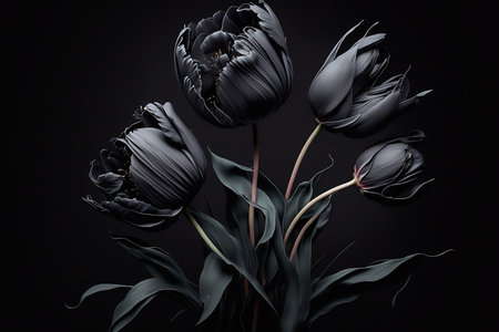 Black tulips on a black background. Aesthetics of dark flowersの素材