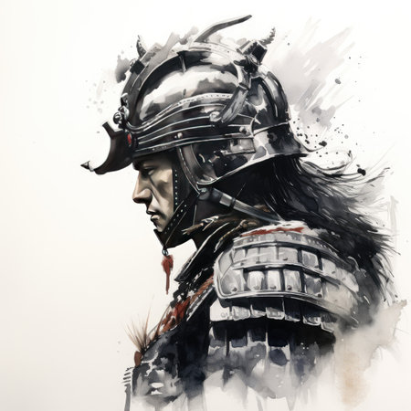 Black and white watercolor image of a samurai in a helmet shown in profileの素材