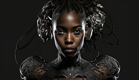 Black cyborg woman on a black backgroundの素材