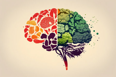Brain silhouette made of various vegetables and fruits as a concept of vegetarianism and healthy lifestyleの素材
