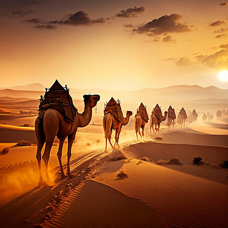 Caravan of camels walking through a sandy desert, sunset in the backgroundの素材