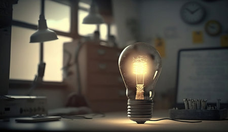 Concept of business ideas with a glowing light bulb on the background of the workplaceの素材