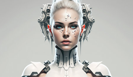 Conceptual illustration of a white cyborg woman on a white backgroundの素材
