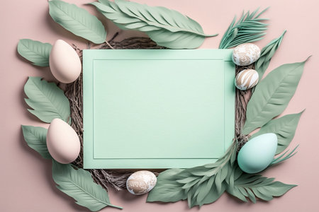 Easter eggs, feathers in a nest on a pastel green wooden background. Frame with card with a copy of the place for the textの素材