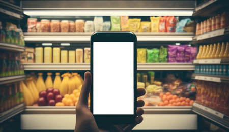 Empty phone with a hand on the background of a supermarket with groceriesの素材