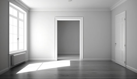 Empty room in a bright clean interior, White empty room with wooden floorの素材