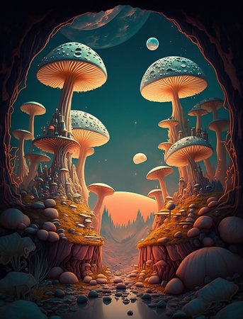Fantasy landscape with giant unknown mushroomsの素材