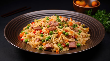 Fried rice with chopped vegetables and meat on a plate on a stone backgroundの素材