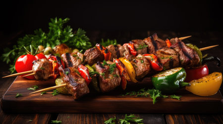 Grilled meat skewers, shish kebab with vegetables on a wooden board on a wooden tableの素材
