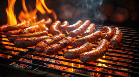 Grilled sausages being prepared on a barbecue grill outdoorsの素材
