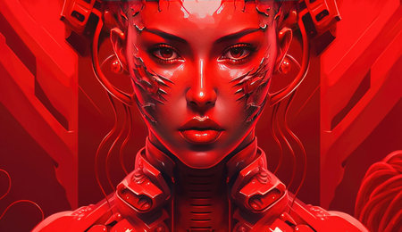 Illustration of a red cyborg woman on a red backgroundの素材