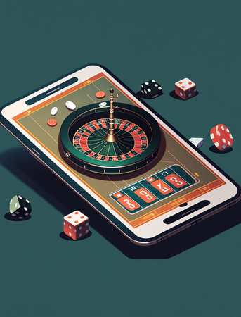 Illustration of an online casino on a phone screen on a neutral backgroundの素材
