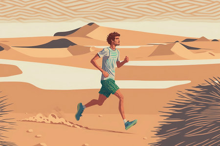 Illustration of a young man running in the desert.の素材