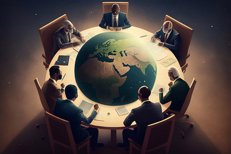 Illustration of business people meeting at a round table inside planet Earthの素材