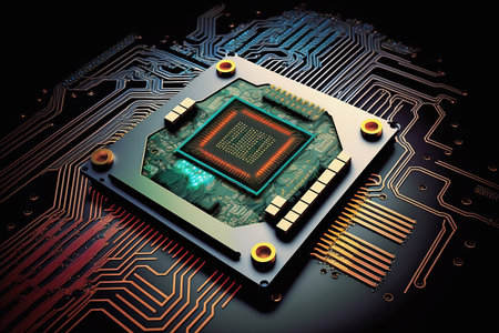 Illustration of microchip technology on a dark backgroundの素材