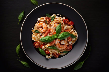 Italian fettuccine with tomatoes, prawn and basil on ceramic plateの素材
