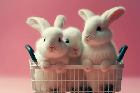 Little white rabbits are sitting in a pink cart on a pink backgroundの素材