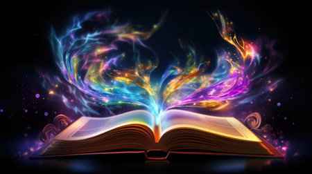 Magic knowledge book with music and magic. Open book colorfulの素材