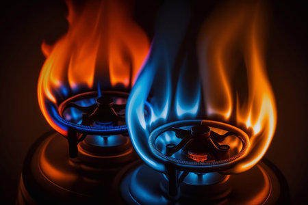 Minimalistic gas nozzles of orange and blue flames on a stove on a dark backgroundの素材