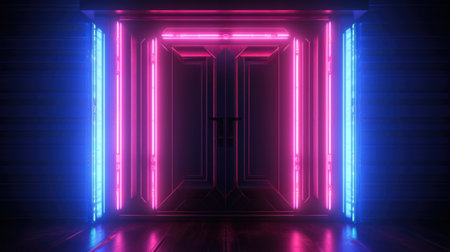 Neon light in the door frame. Abstract neon backgroundの素材