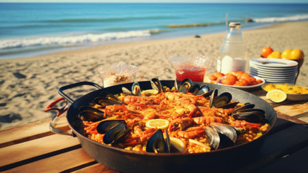 paella or bar food in summer on the beachの素材
