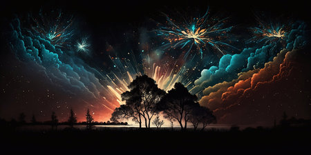 Panorama of fireworks in the dark sky against the background of wild treesの素材