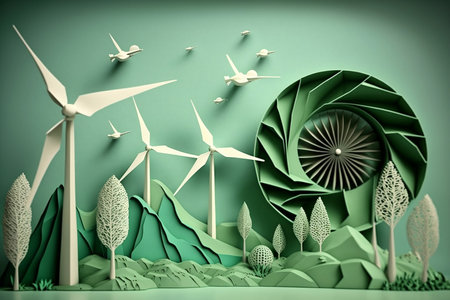 Paper art, renewable energy with wind turbinesの素材