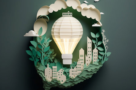 Paper cut of light bulb with green eco cityの素材