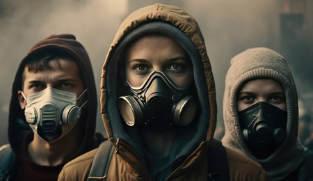 People wearing masks due to air pollution in the cityの素材