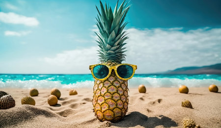 Pineapple with sunglasses is resting against the backdrop of a tropical sea in summerの素材