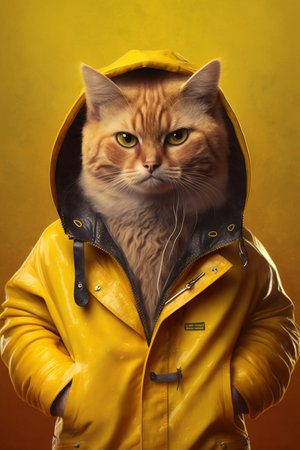 Portrait of cool cat wearing jacket on yellow backgroundの素材