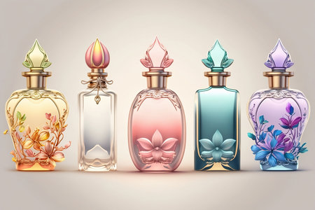 Set of transparent multicolor glass floral perfume bottles on a light backgroundの素材