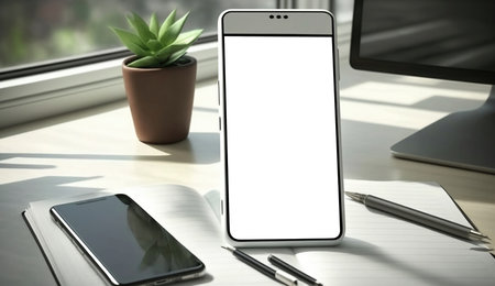 Smartphone with screen without screen background on office desk backgroundの素材