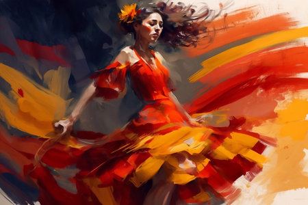 The girl dances in a dress in the colors of the Spanish flagの素材