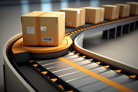 The parcel rides on the conveyor belt, the concept of automatic logistics management.の素材