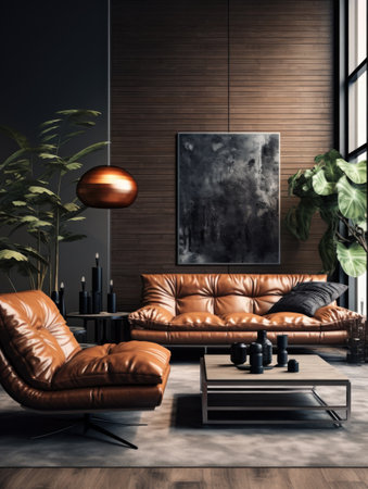 Modern living room interior with brown leather sofa, coffee table and plant. Mock up, 3D Renderingの素材