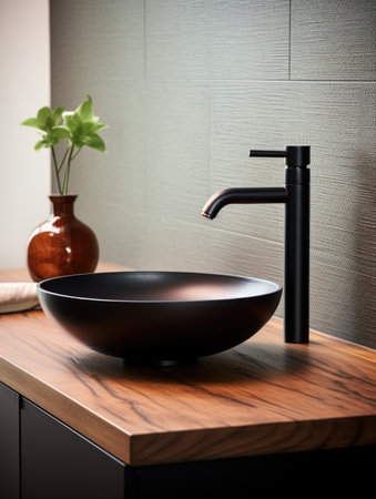 Black faucet and sink on the wooden countertop in modern bathroomの素材