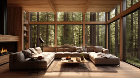 3d rendering of a modern living room interior design with wood panelingの素材