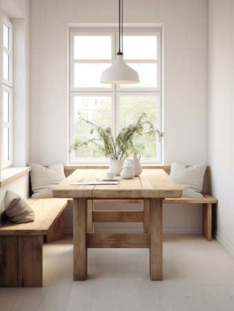 Interior of modern living room with white walls, tiled floor, wooden table and window with countryside view. 3d renderの素材