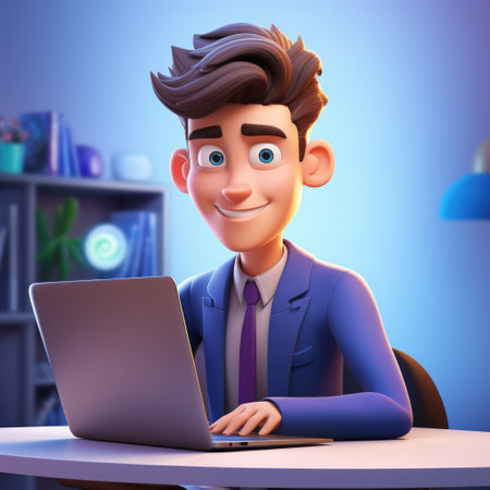 3D Illustration of a young businessman working on a laptop computerの素材
