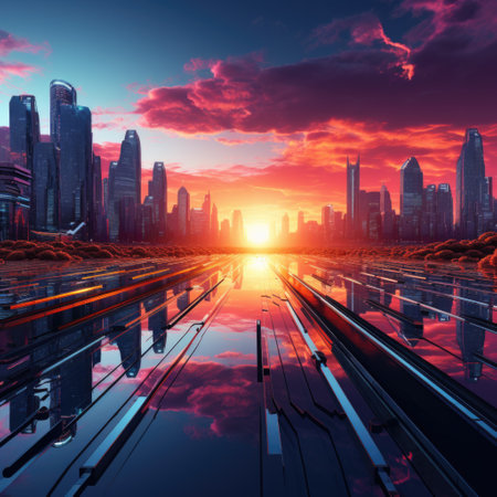 3D Rendered Sunset Over Water Cyber Punk Wallpaper.の素材